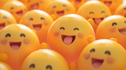 Happy yellow smiling and laughing faces with various face emotions and expressions on warm orange background
