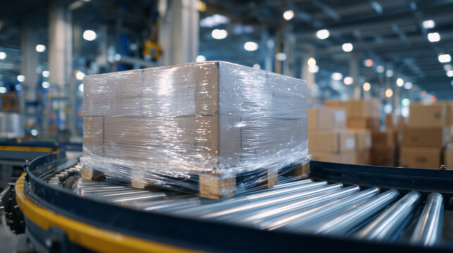 A high-tech warehouse environment with a robotic wrapping machine rotating a pallet, transparent stretchwrap pulled taut around the boxes, reflections shimmering on the tight film