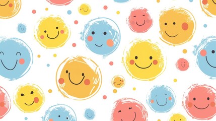 Cute hand drawn smiley faces pattern with colorful circles on white background