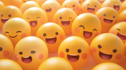 Happy yellow smiling and laughing faces with various face emotions and expressions on warm orange background