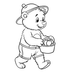A teddy bear wearing a hat, shorts and a basket. Isolated illustration of a bear on a white background in line art style. Illustration for coloring books and children's product design.