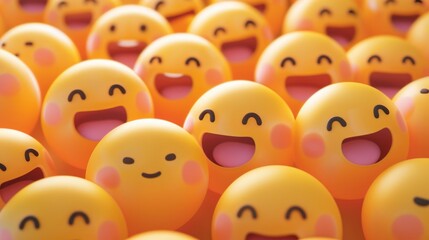 Happy yellow smiling and laughing faces with various face emotions and expressions on warm orange background