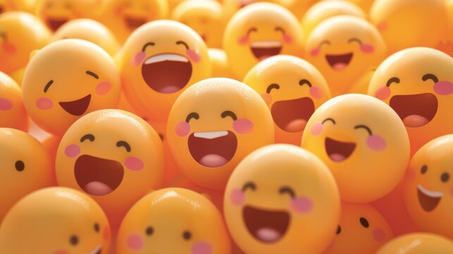 Happy yellow smiling and laughing faces with various face emotions and expressions on warm orange background