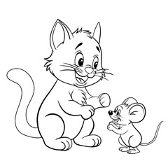 A cute little kitten and mouse. Isolated illustration of a cat on a white background in line art style. Illustration for coloring books and children's product design.