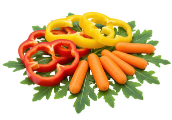 Isolated arrangement with red bell pepper slices, yellow pepper rings, and raw baby carrots