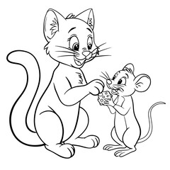 Cute kitten and mouse with cheese.. Isolated illustration of a cat on a white background in line art style. Illustration for coloring books and children's product design.
