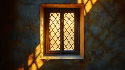 Obraz premium Illuminated lattice window casting geometric shadows on stucco wall