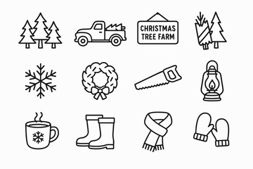 Fototapeta premium Christmas Tree Farm Icons. Christmas Tree Farm outline icon set: pine grove, red truck, wooden sign, bundled trees, snowflake, wreath, saw, lantern, hot cocoa, boots, scarf,