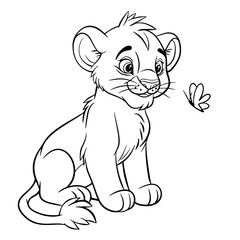 A cute little lion cub. Isolated illustration of a lionon a white background in line art style. Illustration for coloring books and children's product design.