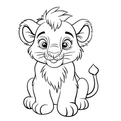 A cute little lion cub. Isolated illustration of a lion on a white background in line art style. Illustration for coloring books and children's product design.