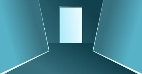 Minimalist futuristic indoor background. Minimalist art in turquoise, glowing walls and doors
