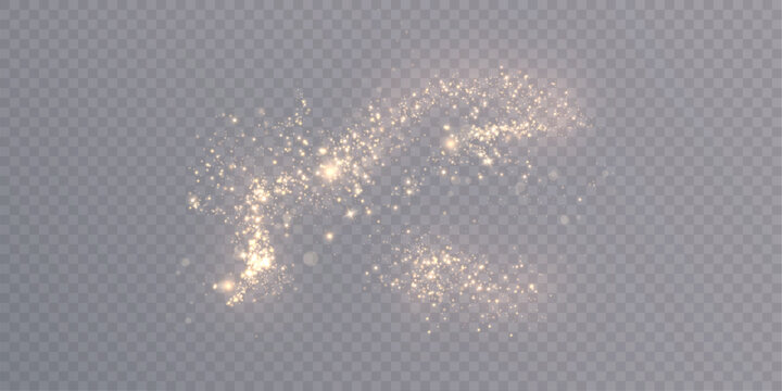 Golden shimmering particles and sparks of light dust on a transparent background. Suitable for festive designs, magical effects, glow effects, New Year's and wedding decorations.