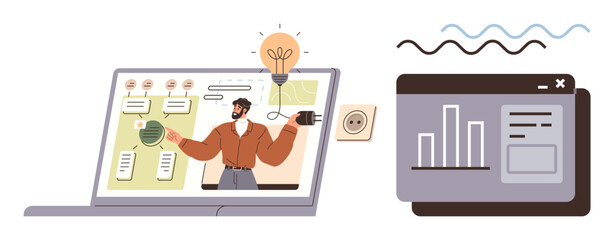 Laptop screen showing a business professional brainstorming with charts, mind maps, and light bulb ideas. Graphical interface represents data analytics. Ideal for teamwork, innovation, remote work
