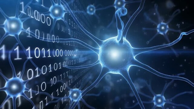 A mesmerizing digital illustration of interconnected blue neurons glowing against a binary code background.