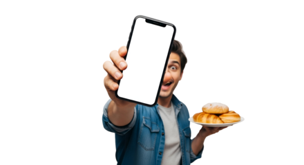 Enthusiastic Man Showing Phone Screen and Holding Plate of Baked Goods for Digital Marketing Campaigns Captivating Mobile App Adverts Using Food Delivery Promos Attractive Man Smiling with Bakery