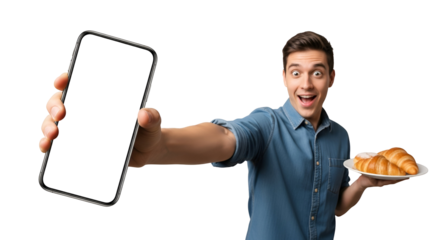 Enthusiastic Man Displaying Smartphone and Croissants Expressing Excitement Young Male Showing Off Modern Phone with Blank Screen and Freshly Baked Pastries on Plate Mobile Display and Delicious