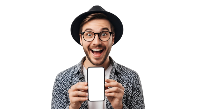 Enthusiastic Man Showcasing Smartphone Screen with Mockup Technology Dressed in Stylish Hat and Glasses Portrait Captivating Audience Demonstrating Mobile Application Connectivity Wireless