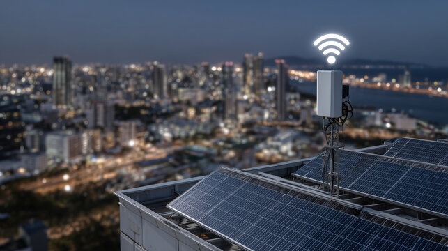 Smart grid sensors installed on urban rooftop solar panels, glowing indicators showing real-time data transmission, city skyline in the background, sunlight reflecting off the pane