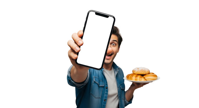 Enthusiastic Man Showing Phone Screen and Holding Plate of Baked Goods for Digital Marketing Campaigns Captivating Mobile App Adverts Using Food Delivery Promos Attractive Man Smiling with Bakery
