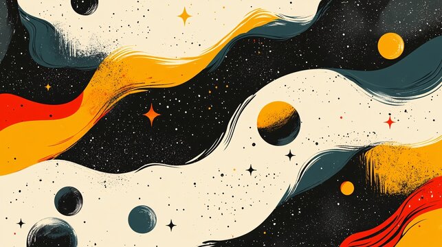 Stylized cosmic background with seamless design showcases planets and stars. Vibrant hues and textured brushstrokes create an engaging, dynamic visual; suitable for modern graphic applications.
