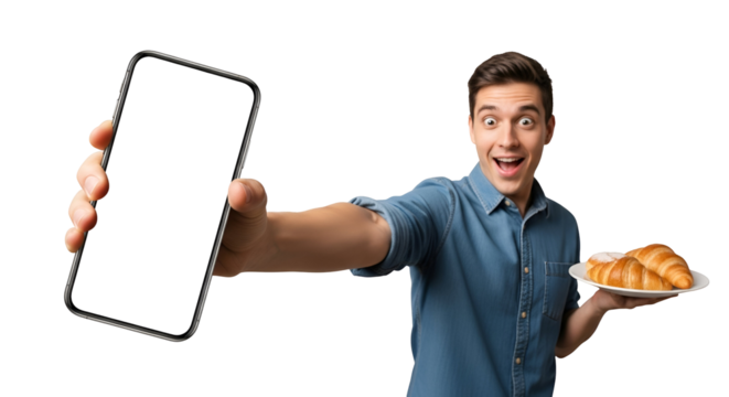 Enthusiastic Man Displaying Smartphone and Croissants Expressing Excitement Young Male Showing Off Modern Phone with Blank Screen and Freshly Baked Pastries on Plate Mobile Display and Delicious