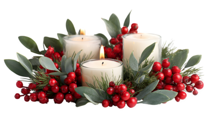 Candle centerpiece with pine greenery and red berries isolated on white background