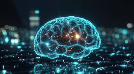 Glowing brain with neural network connections representing artificial intelligence concept design