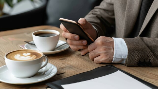 Businessman holding mobile phone on table, showcasing modern communication and professionalism