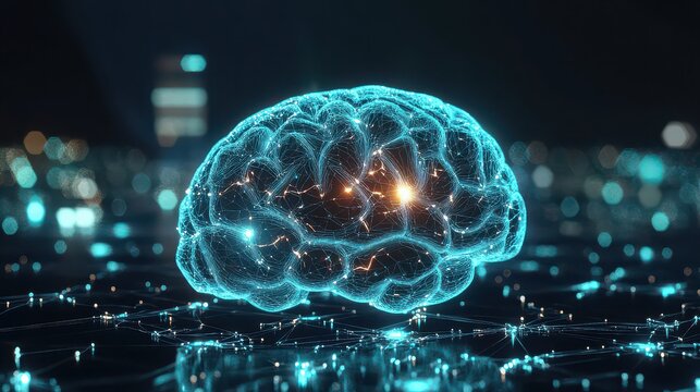 Glowing brain with neural network connections representing artificial intelligence concept design