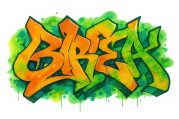 Graffiti lettering break with a vibrant street art style in orange and green, creating an urban and edgy look, transparent background