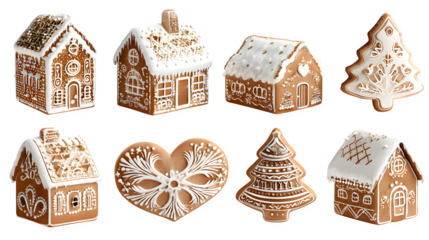 3D gingerbread cookies in various designs isolated on white background