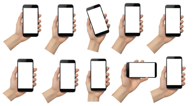 Isolated Smartphone Displays on Black showcasing Modern Gadgets and Human Interaction Multiple Hands Holding Black Framed Mobile Phones with White Screens Presentation Templates Communication