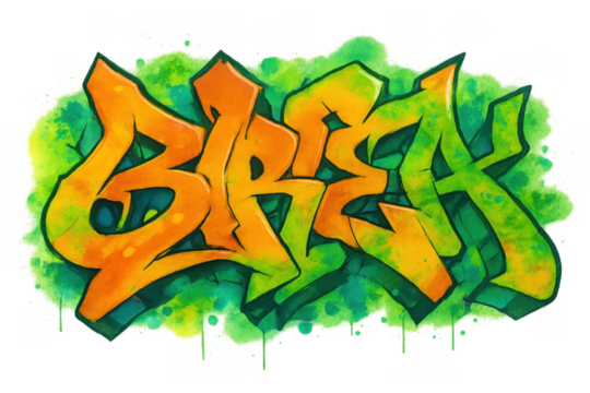 Graffiti lettering break with a vibrant street art style in orange and green, creating an urban and edgy look, transparent background