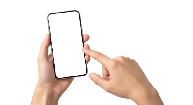 Modern Mobile Phone Blank Screen in Hands for UI Design Mockup and App Showcase Woman Touching Empty Display Using Smartphone Technology Communication and Connectivity on Background