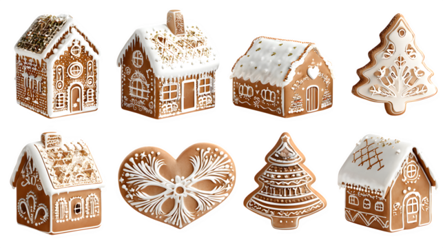 3D gingerbread cookies in various designs isolated on white background