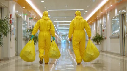 Two figures in yellow protective suits walk down a hospital hallway, carrying yellow bags