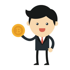 A smiling businessman holding a bitcoin isolated on white background, representing digital currency