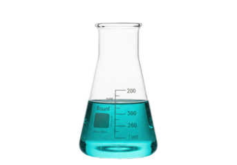 Isolated Erlenmeyer flask filled with blue liquid, laboratory equipment for chemistry or biology experiments