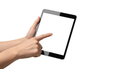 Hands hold the modern tablet displaying a blank white screen providing a mockup for advertisement or text message display showcasing application interface design for creative projects digital
