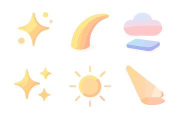 Obraz premium Isometric Soft Light Icons. Soft Light Aesthetic modern flat icon set: shimmer glow, curved beam, pastel haze, circle light, sparkle, soft ray.