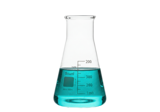 Isolated Erlenmeyer flask filled with blue liquid, laboratory equipment for chemistry or biology experiments