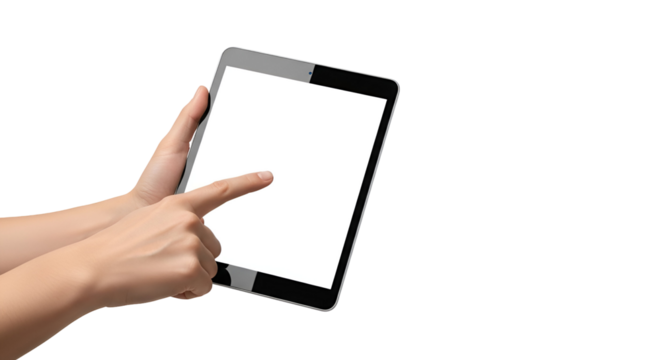 Hands hold the modern tablet displaying a blank white screen providing a mockup for advertisement or text message display showcasing application interface design for creative projects digital