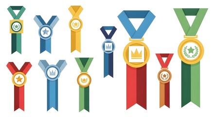 Flat design vector illustration of multiple medals and trophies with ribbons in various colors, perfect for infographic and education materials