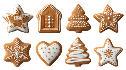 3D gingerbread cookies in various designs isolated on white background