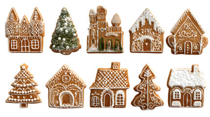 3D gingerbread cookies in various designs isolated on white background