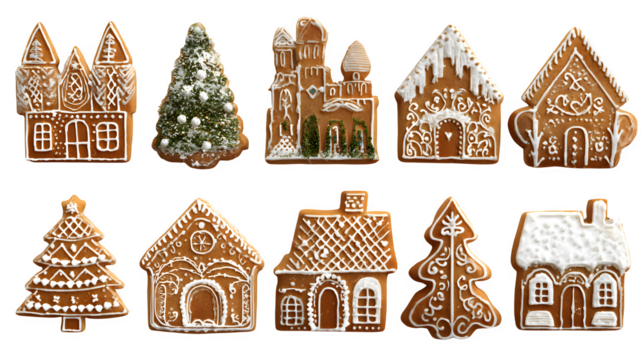 3D gingerbread cookies in various designs isolated on white background
