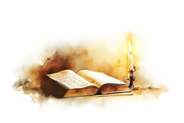 Open Bible with Candle Watercolor Isolated on White Background