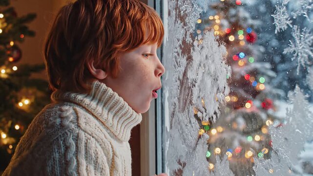 Young red-haired boy blowing on window while looking at snow and Christmas lights  
