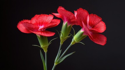 Fototapeta premium Vibrant Red Carnations on Black Background, Showcasing Delicate Petals and Green Stems, Perfect for Floral Arrangements and Nature Photography