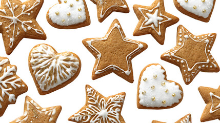 Assorted gingerbread cookies shaped like stars and hearts decorated with icing isolated on white background